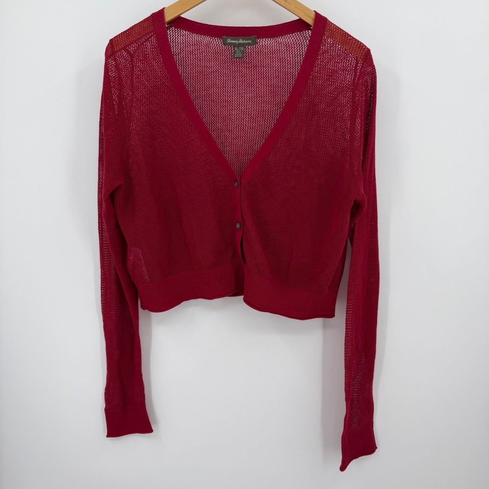 Tommy Bahama Red Open Mesh Knit Cropped Cardigan Linen Cotton XL